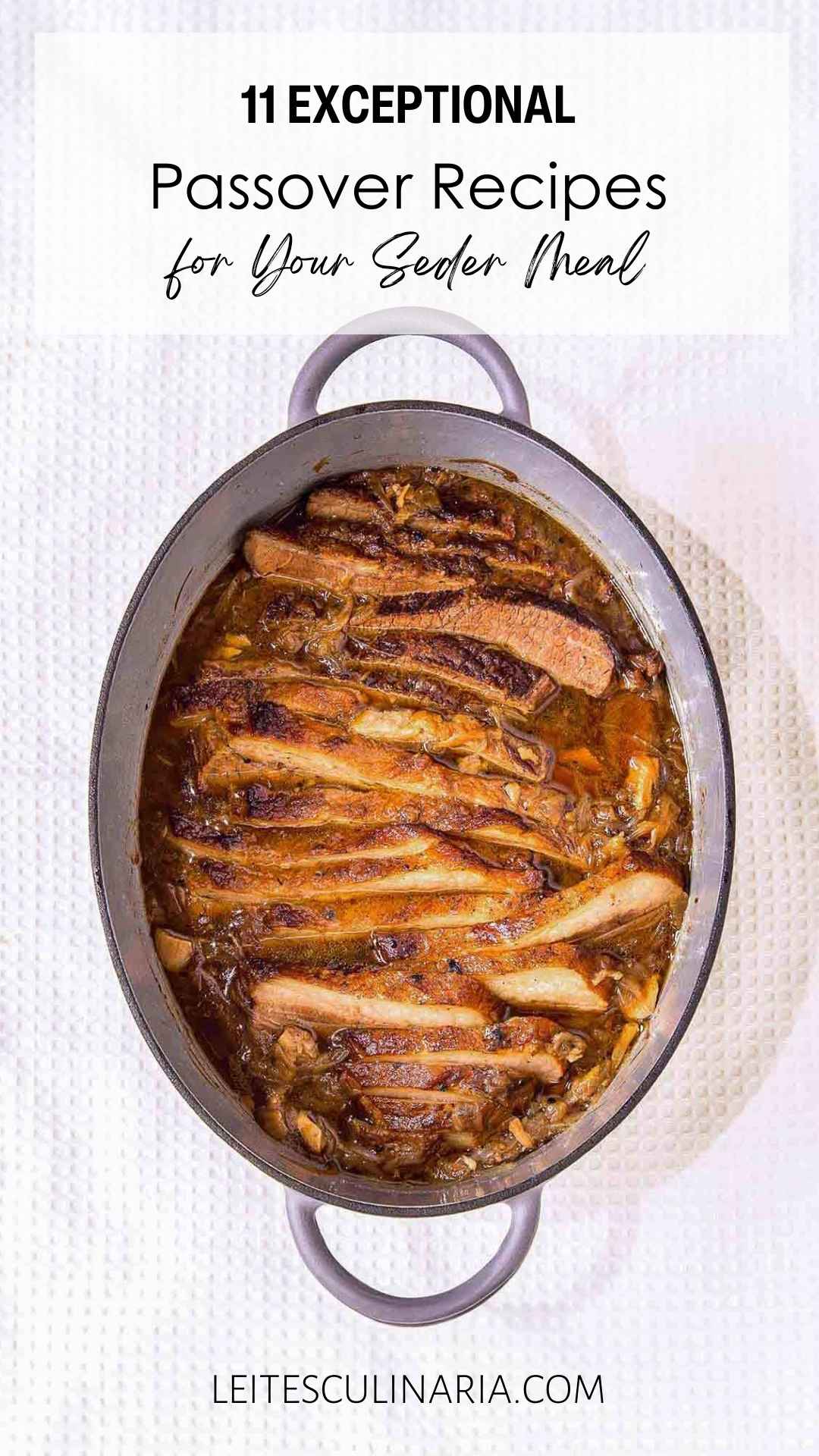 A sliced brisket in an oval Dutch oven.
