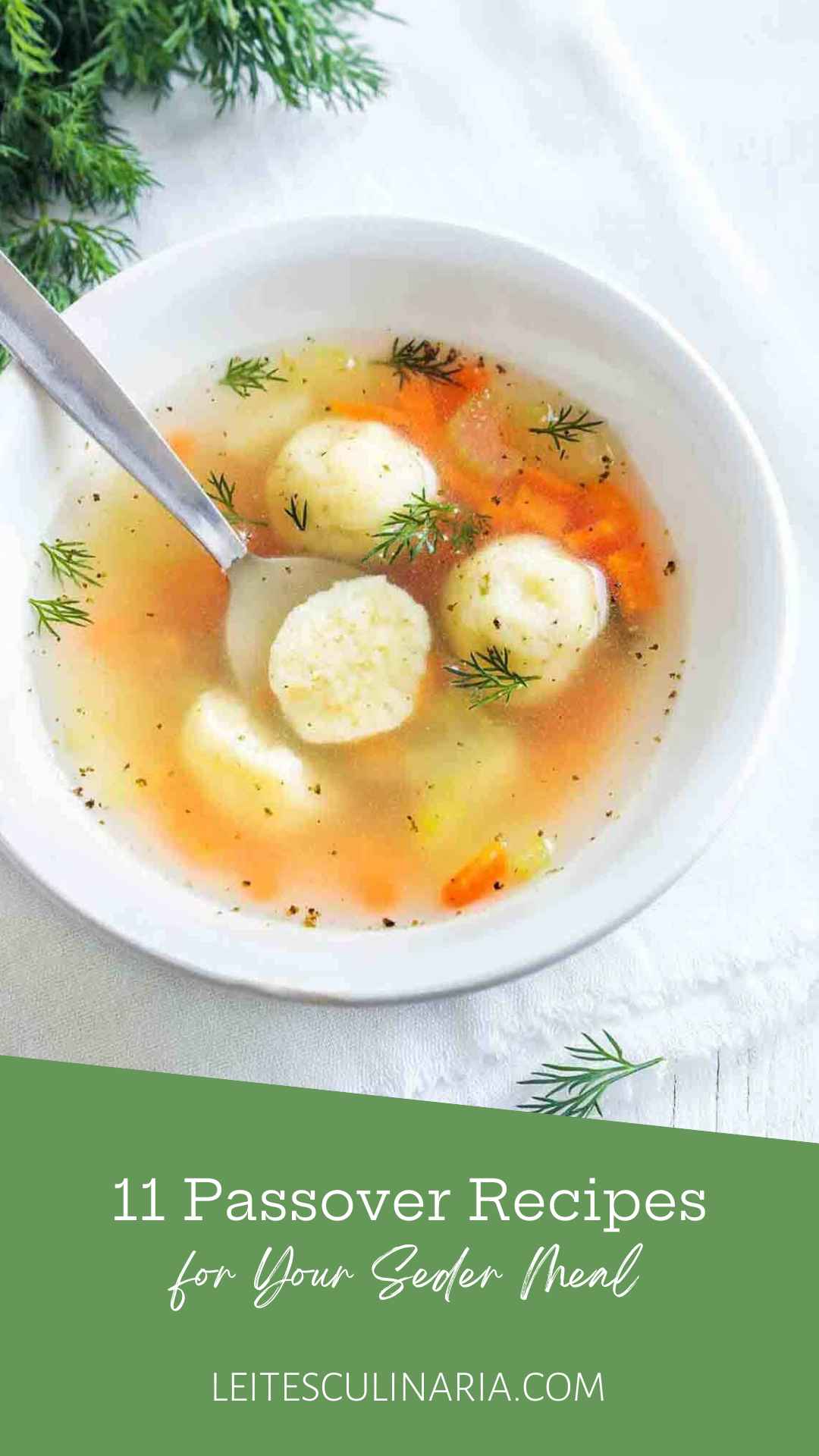 A bowl of Matzo ball soup with carrots and fresh dill.