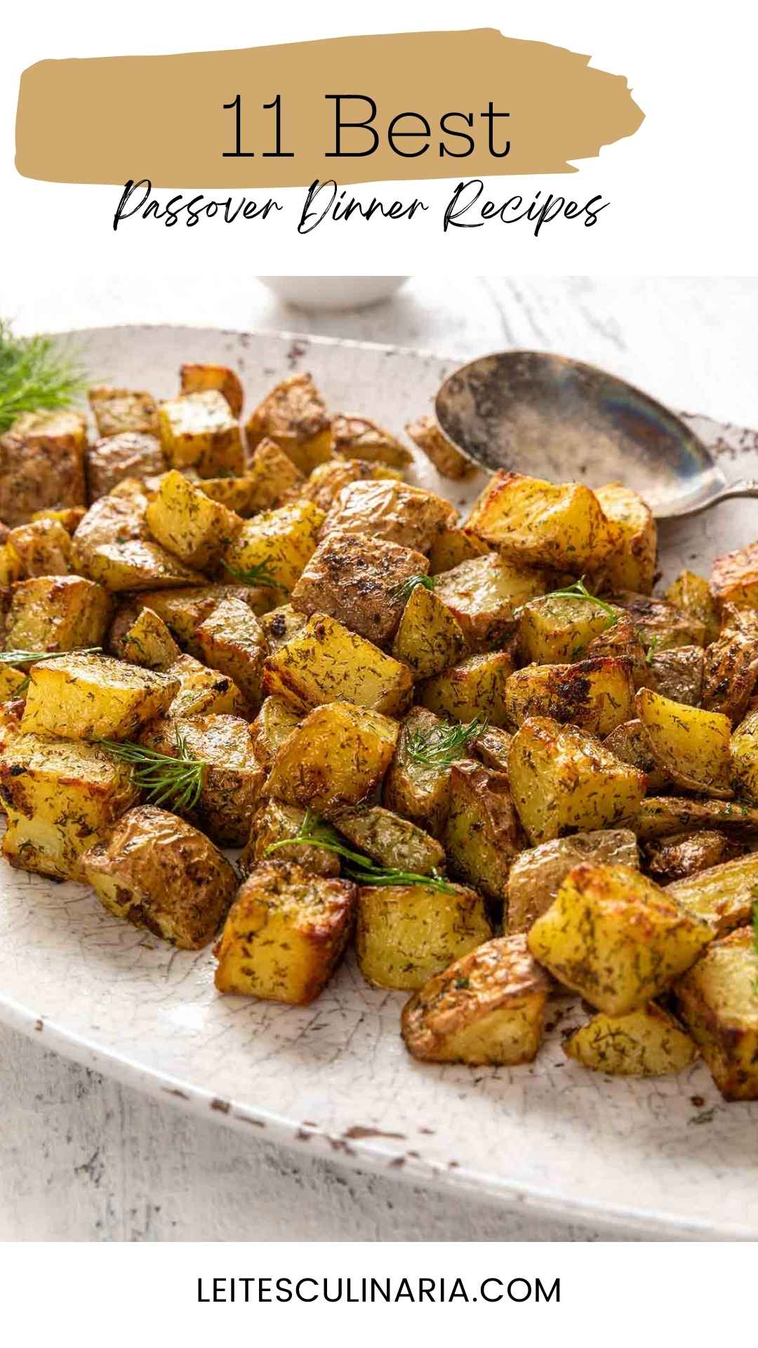 A platter of roasted potatoes garnished with dill.