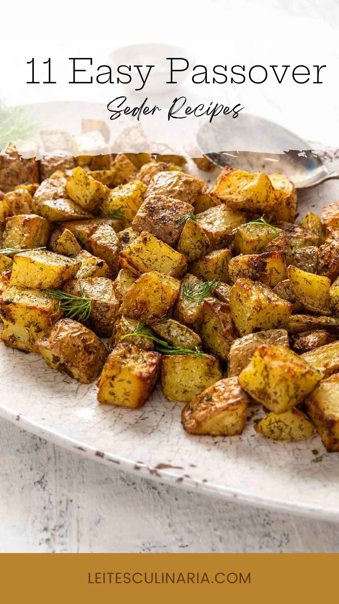 A platter of roasted potatoes garnished with dill.