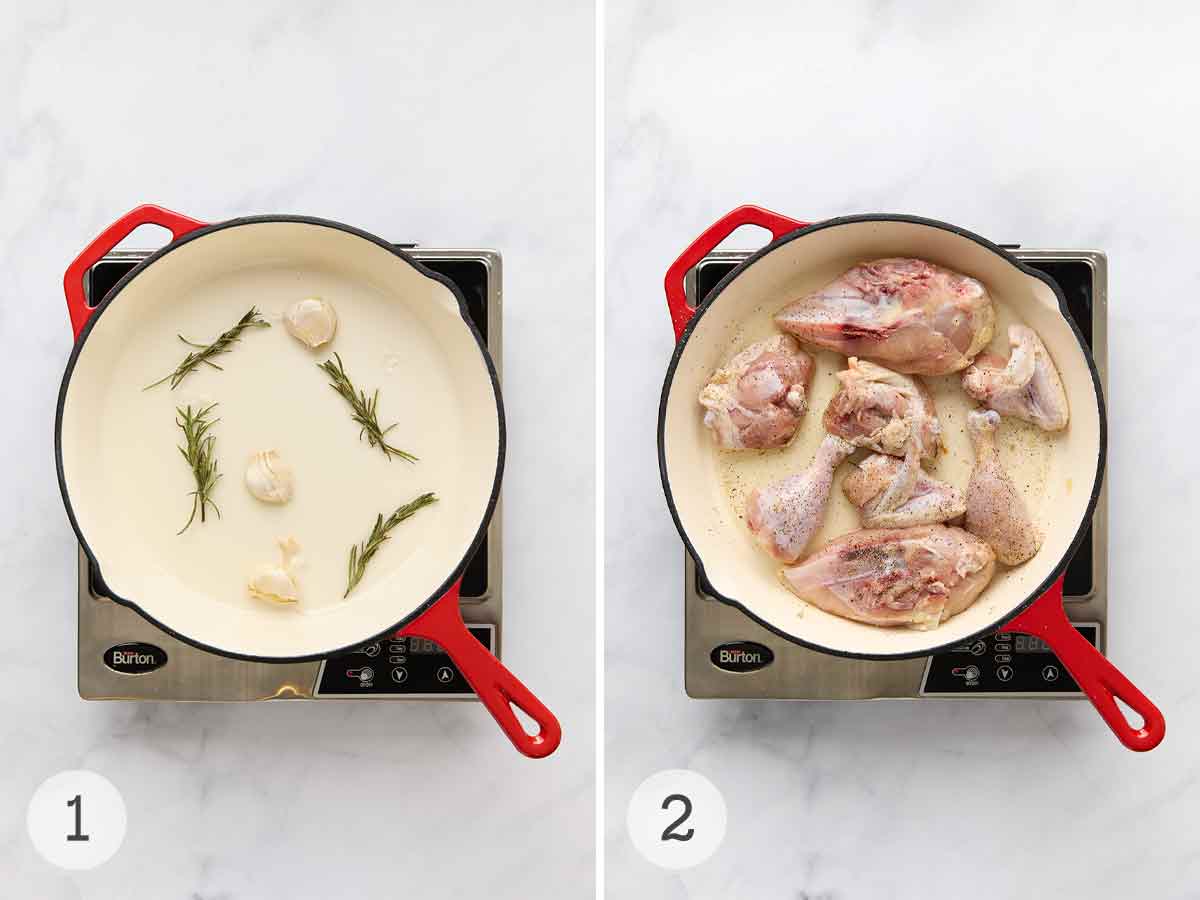 Garlic cloves and rosemary sprigs in a skillet; chicken pieces browning in the same skillet.