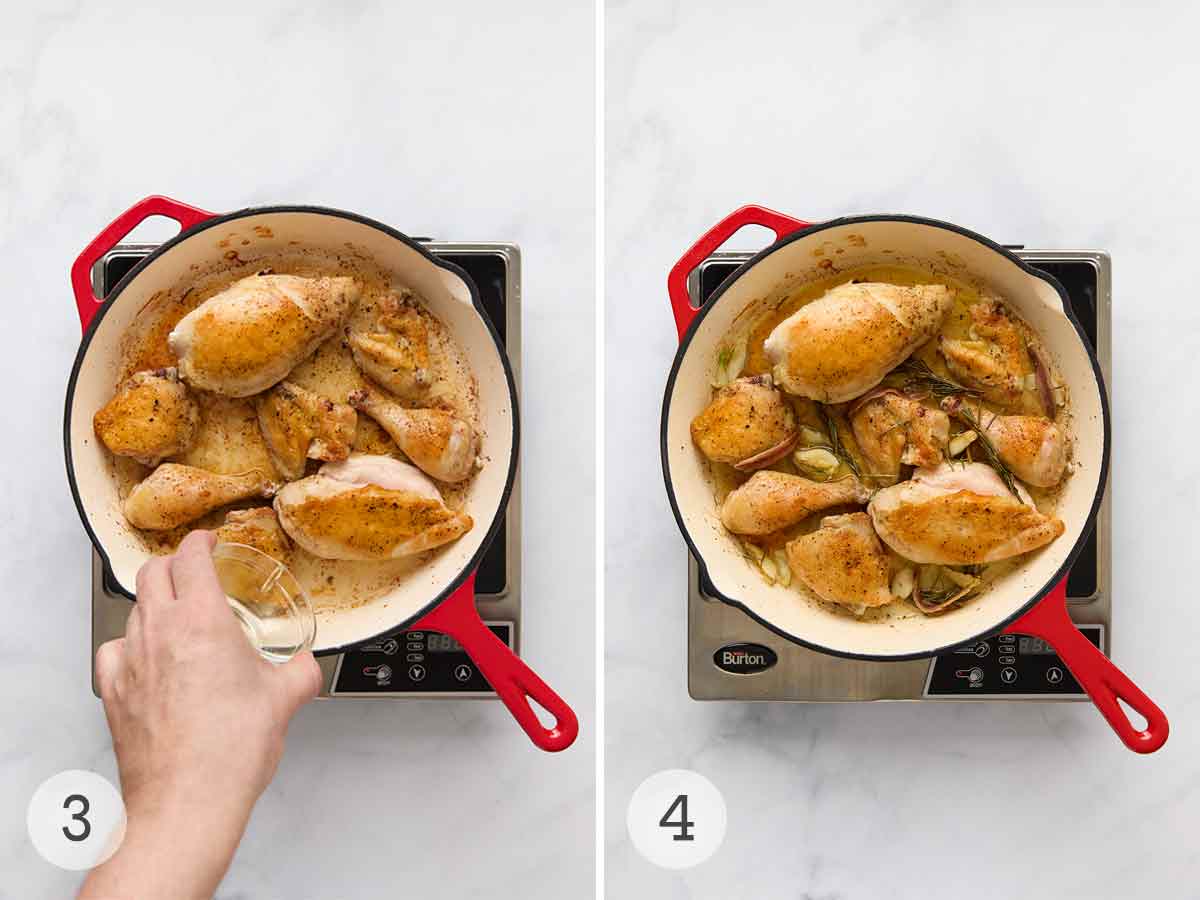 A person adding liquid to a skillet of browned chicken pieces; browned chicken pieces in a skillet with garlic and rosemary.