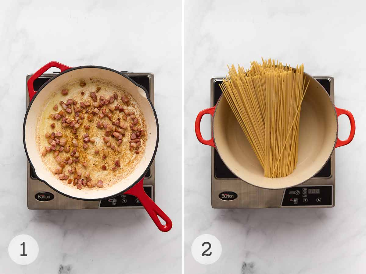 Pancetta frying in a skillet; dry spaghetti in a large pot.