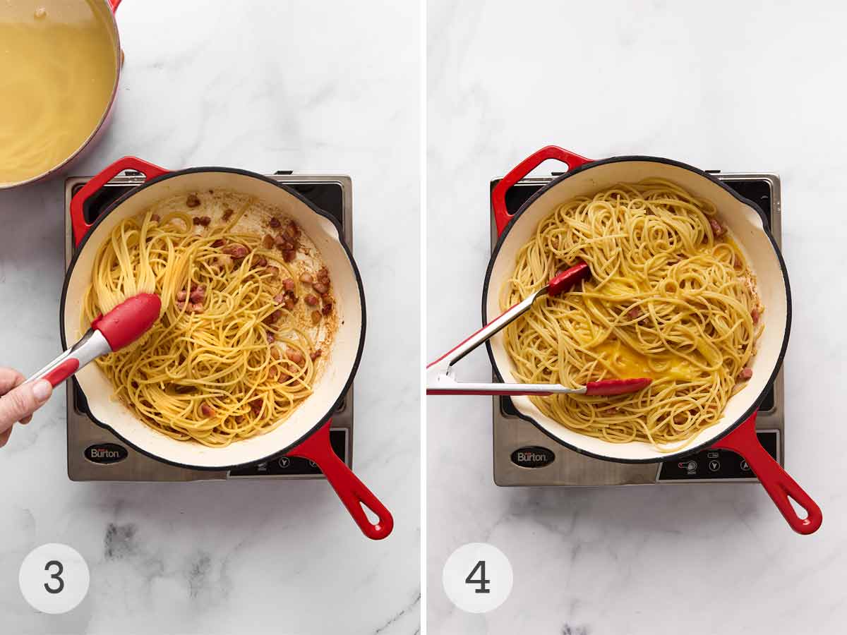 A person using tongs to toss spaghetti with crispy pancetta; carbonara sauce added to a skillet of spaghetti.