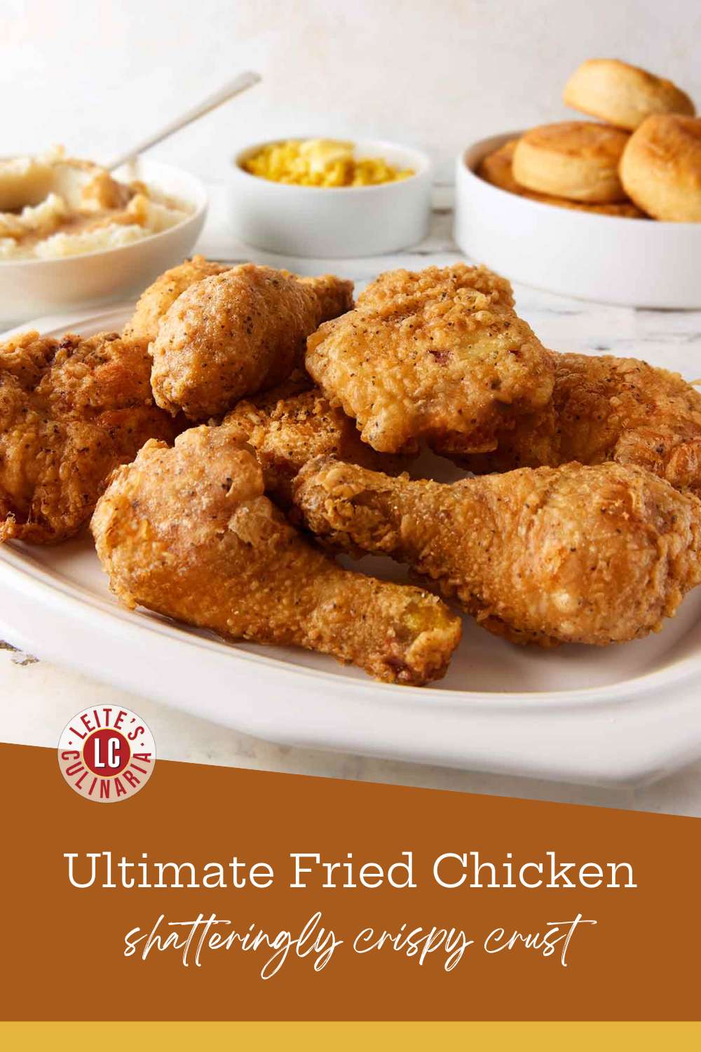 A white platter piled high with golden, crispy fried chicken, with classic side dishes of potatoes, corn, and biscuits behind it.