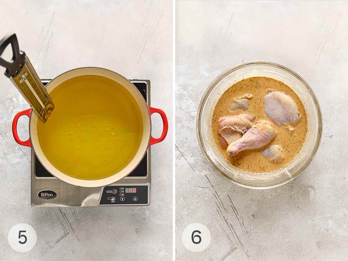 A pot of hot oil on a burner; pieces of chicken in a wet batter.