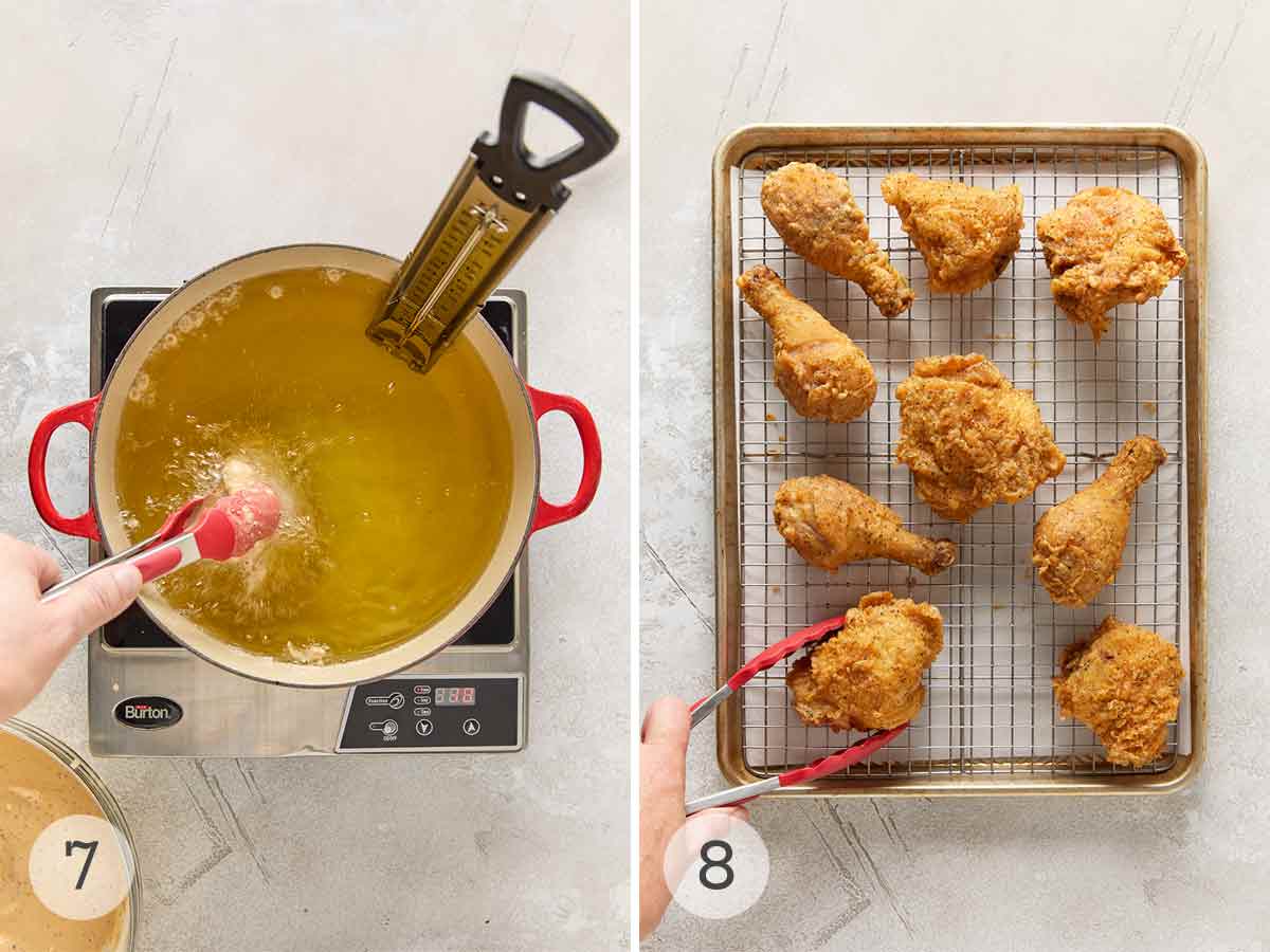 A piece of chicken being added to bubbling oil; cooked crispy fried chicken pieces cooling on a wire rack set over a baking sheet.