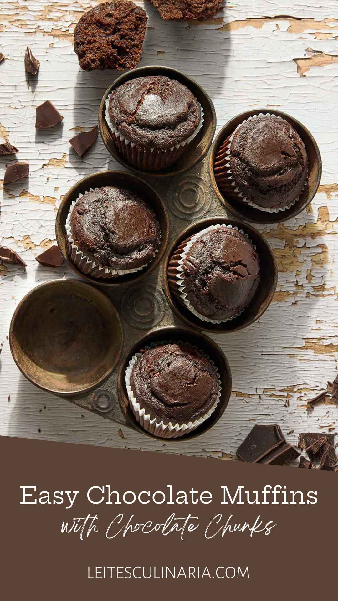 Five chocolate muffins in an antique muffin tin.
