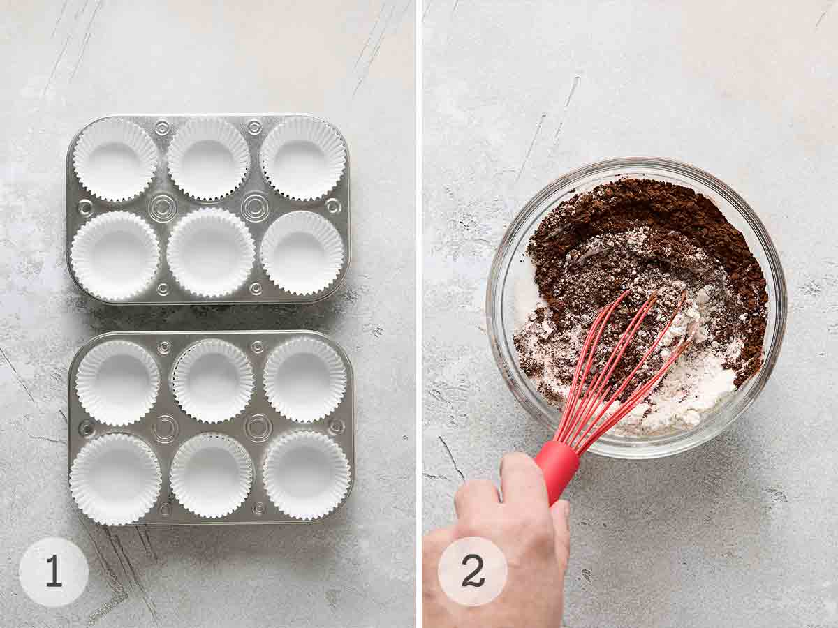 Twelve muffin cups lined with white paper liners; a person whisking dry ingredients in a glass bowl.