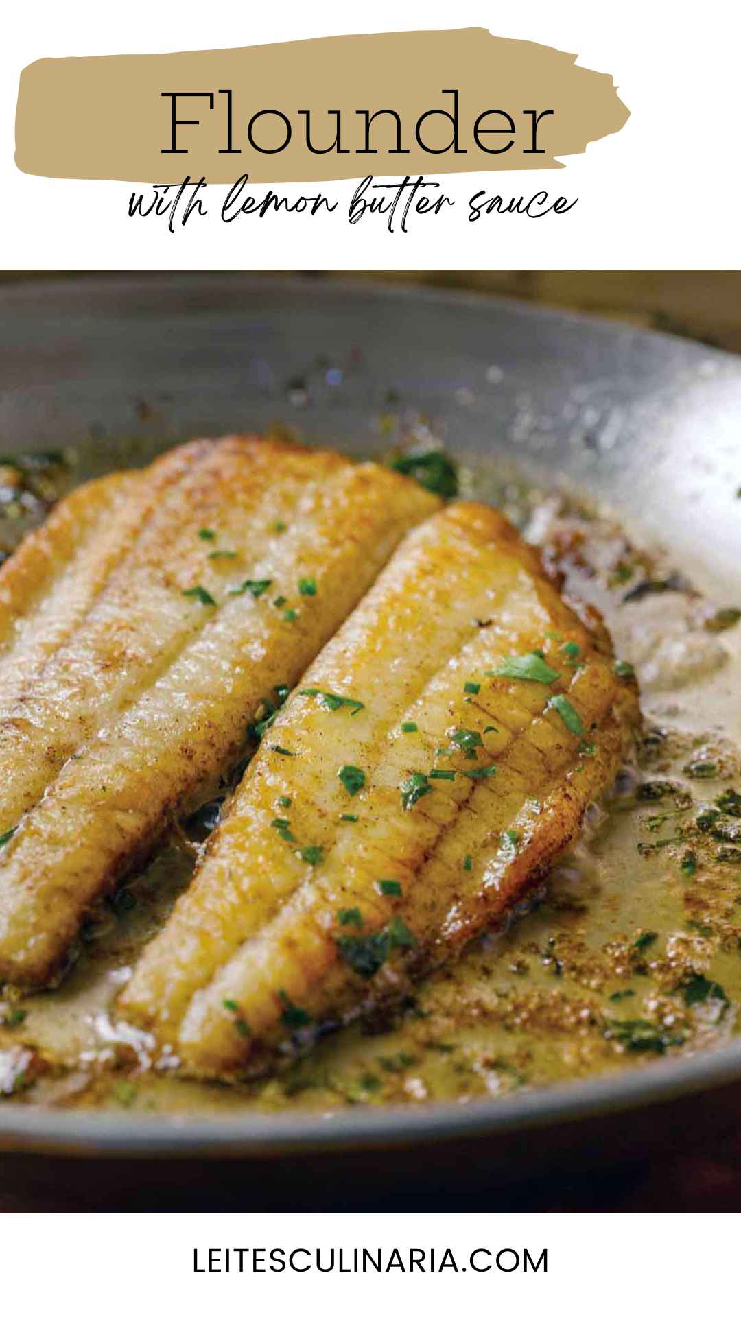 A pan-fried flounder fillet in a skillet with butter and parsley.
