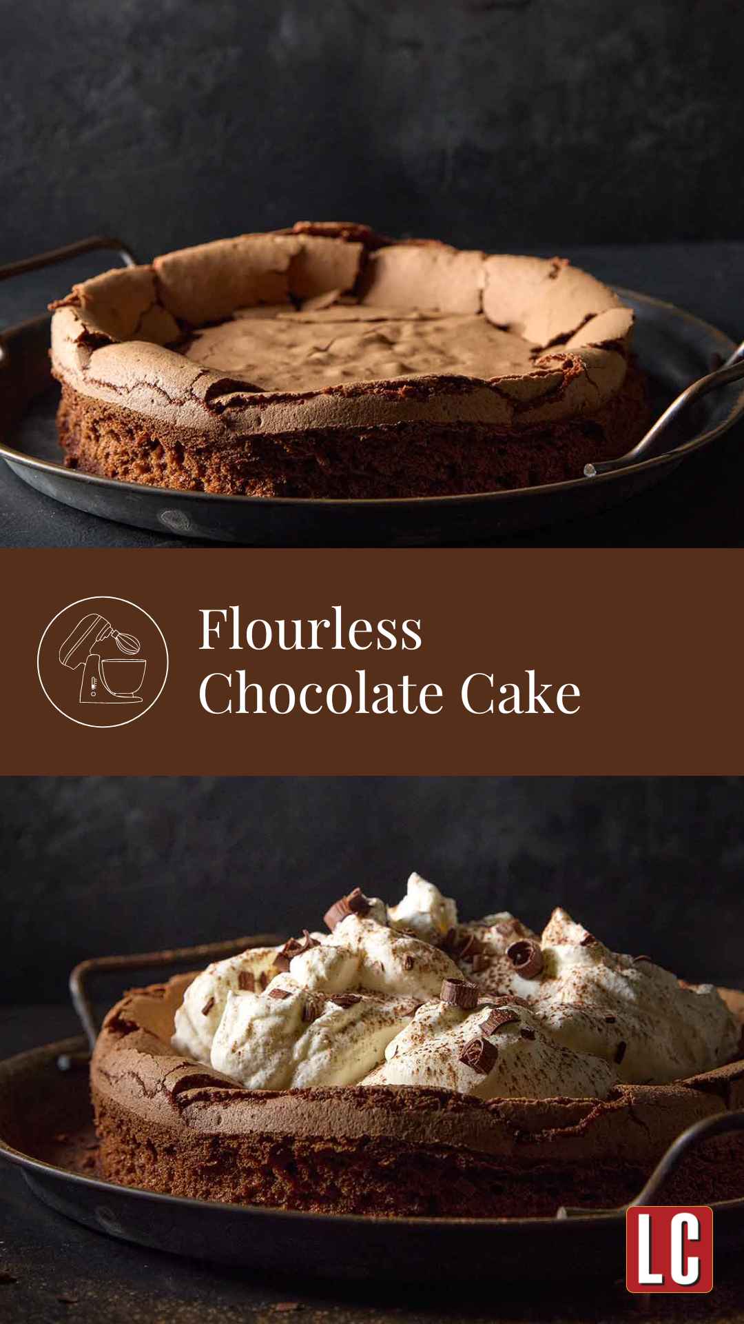 A flourless chocolate cloud cake with a sunken middle on a metal platter and the same cake topped with whipped cream and chocolate curls.