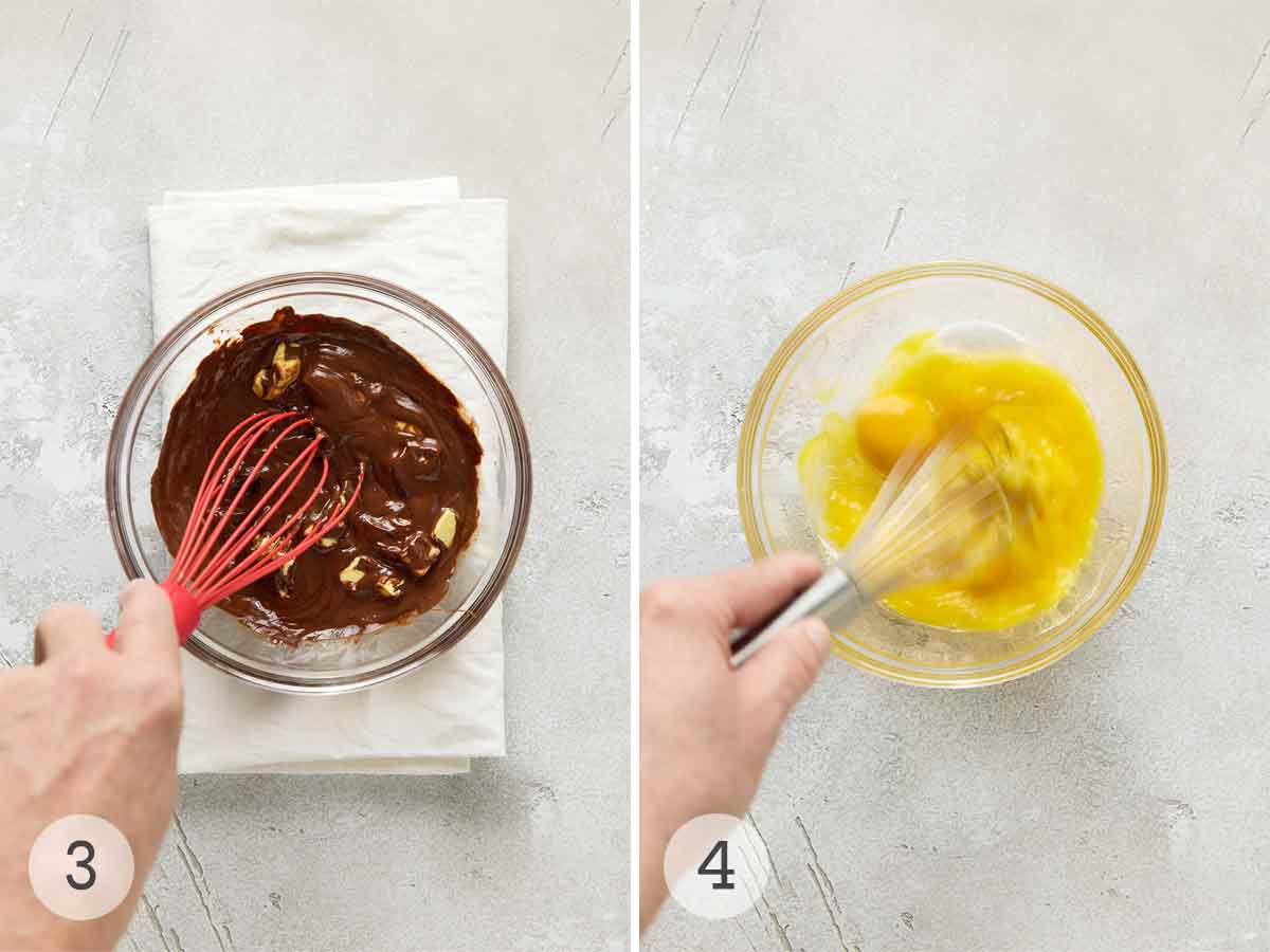 A hand whisking in butter into melted chocolate; a hand beating egg yolks together.