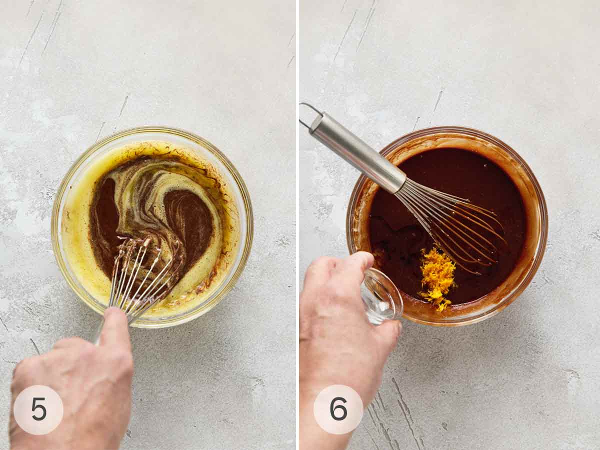 A person's hand whisking melted chocolate and egg yolks; a person's hand pouring Cointreau into melted chocolate.