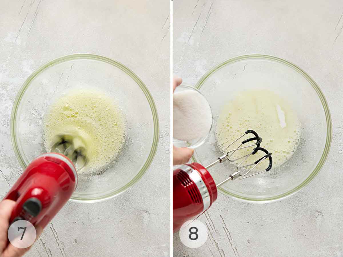 A mixer beating egg whites; then a person adding sugar and beating more.