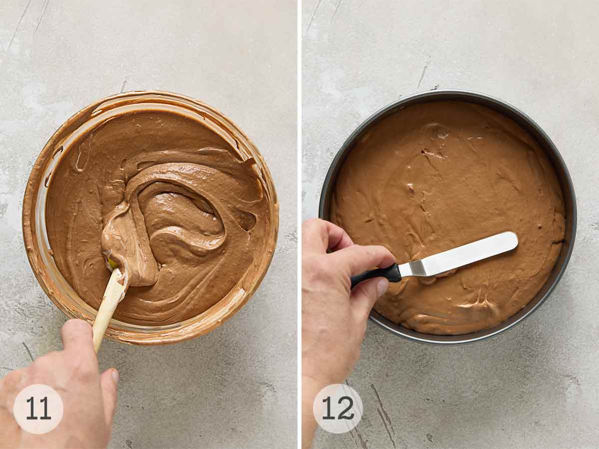 A person folding chocolate batter; a persons hand smoothing the top of cake batter in a cake pan.