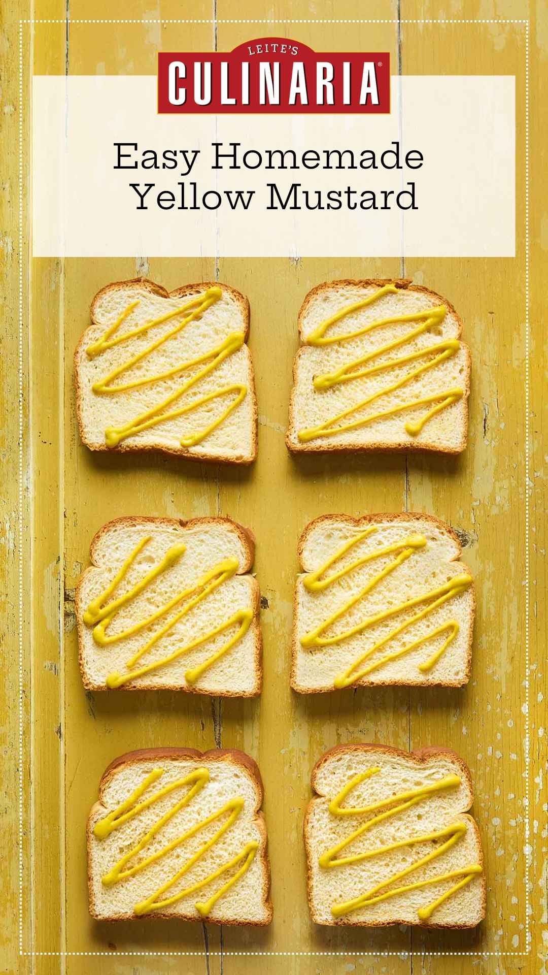 Six slices of white bread with mustard squiggles on each slice.