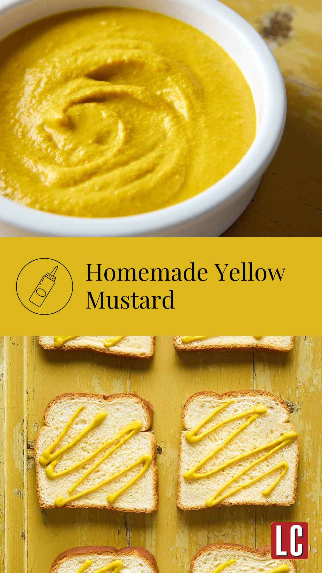 A small white dish filled with yellow mustard and slices of bread with mustard squiggles on them.