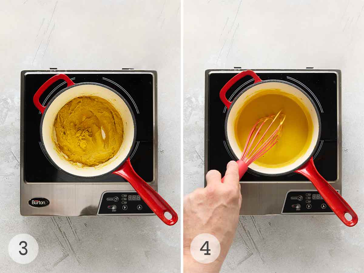Homemade mustard in a saucepan is reduced to a paste; a person whisking the mustard paste and vinegar.