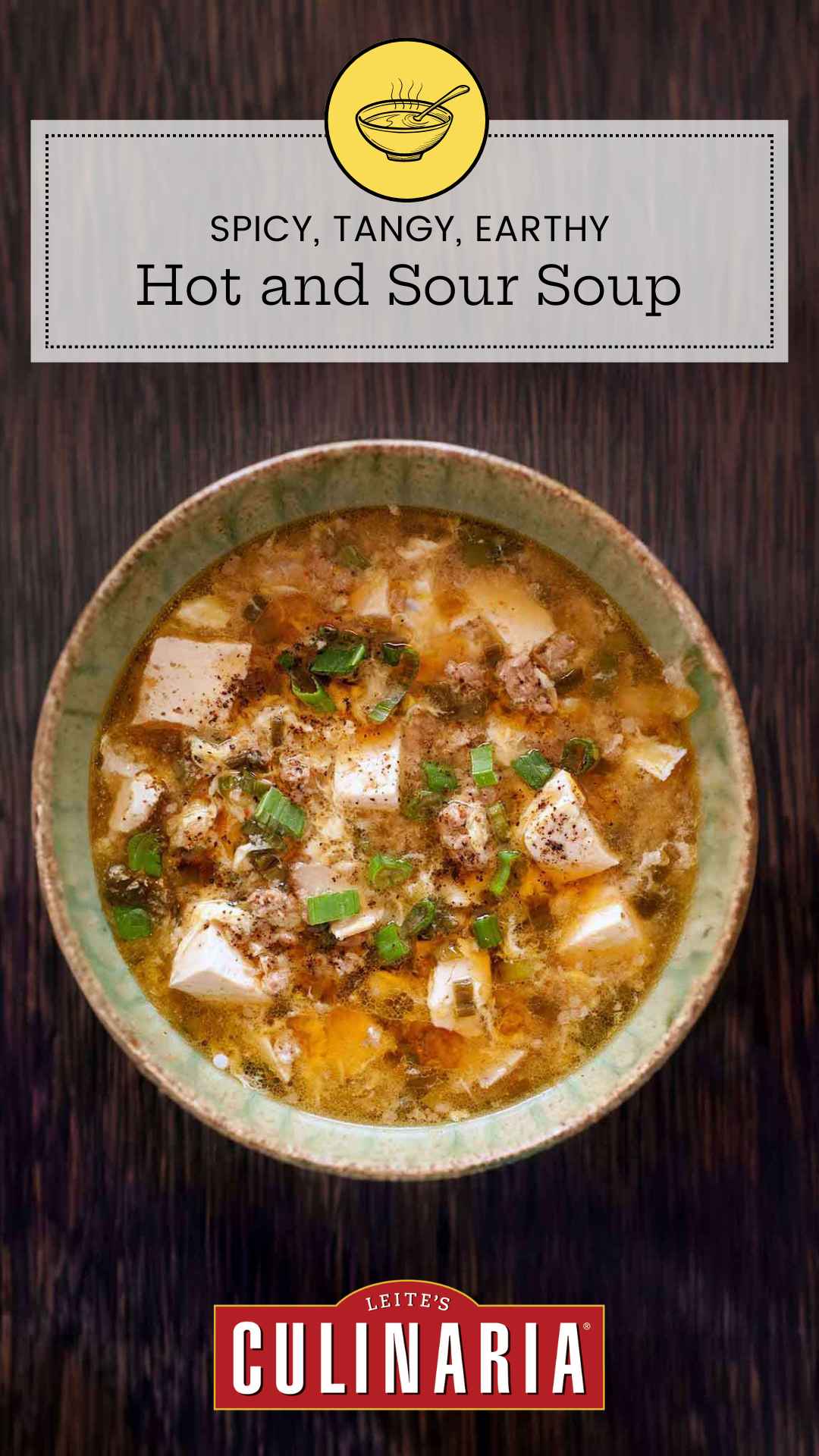 A bowl of hot and sour soup with tofu cubes and ground pork, topped with sliced scallions.