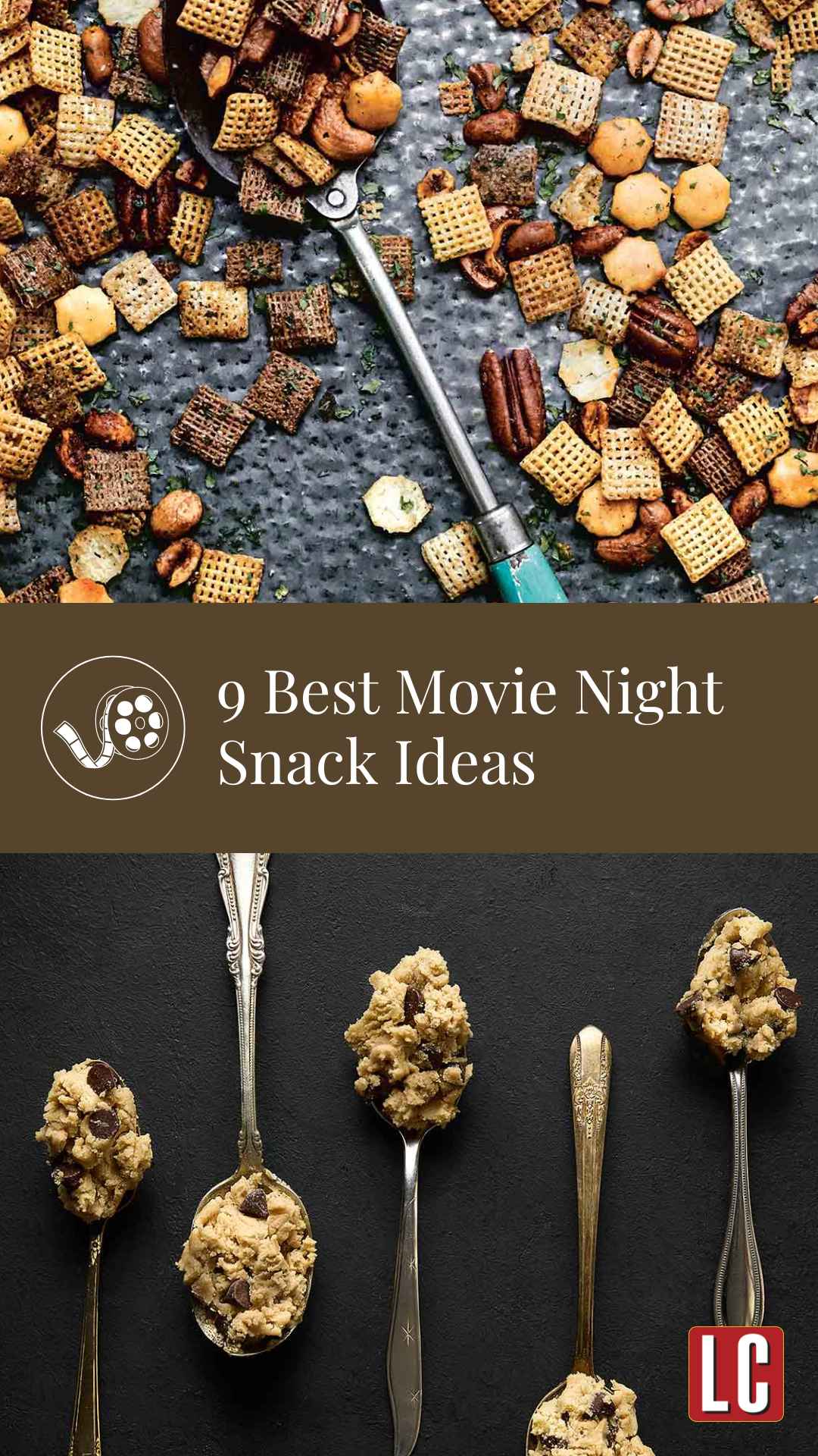 A tray of Chex mix and five spoons each holding a scoop of chocolate chip cookie dough.