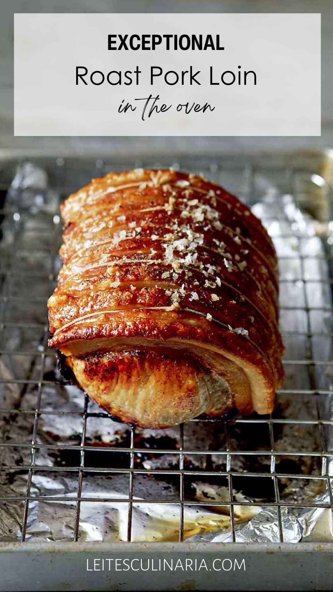 A pork loin roast sprinkled with salt on a wire rack.