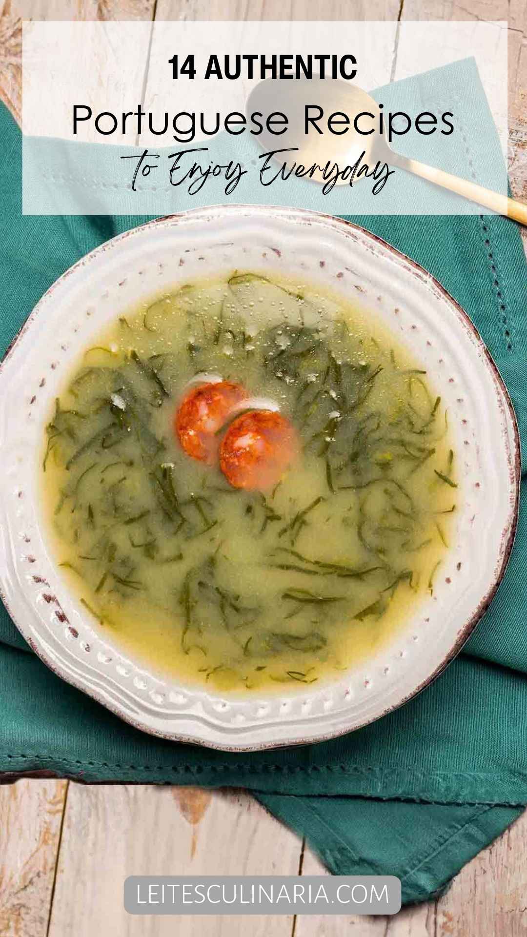 A bowl of Portuguese kale soup with two chourico coins floating in the center.