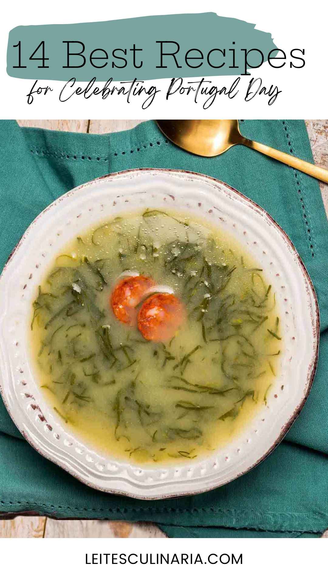 A bowl of Portuguese kale soup with two chourico coins floating in the center.