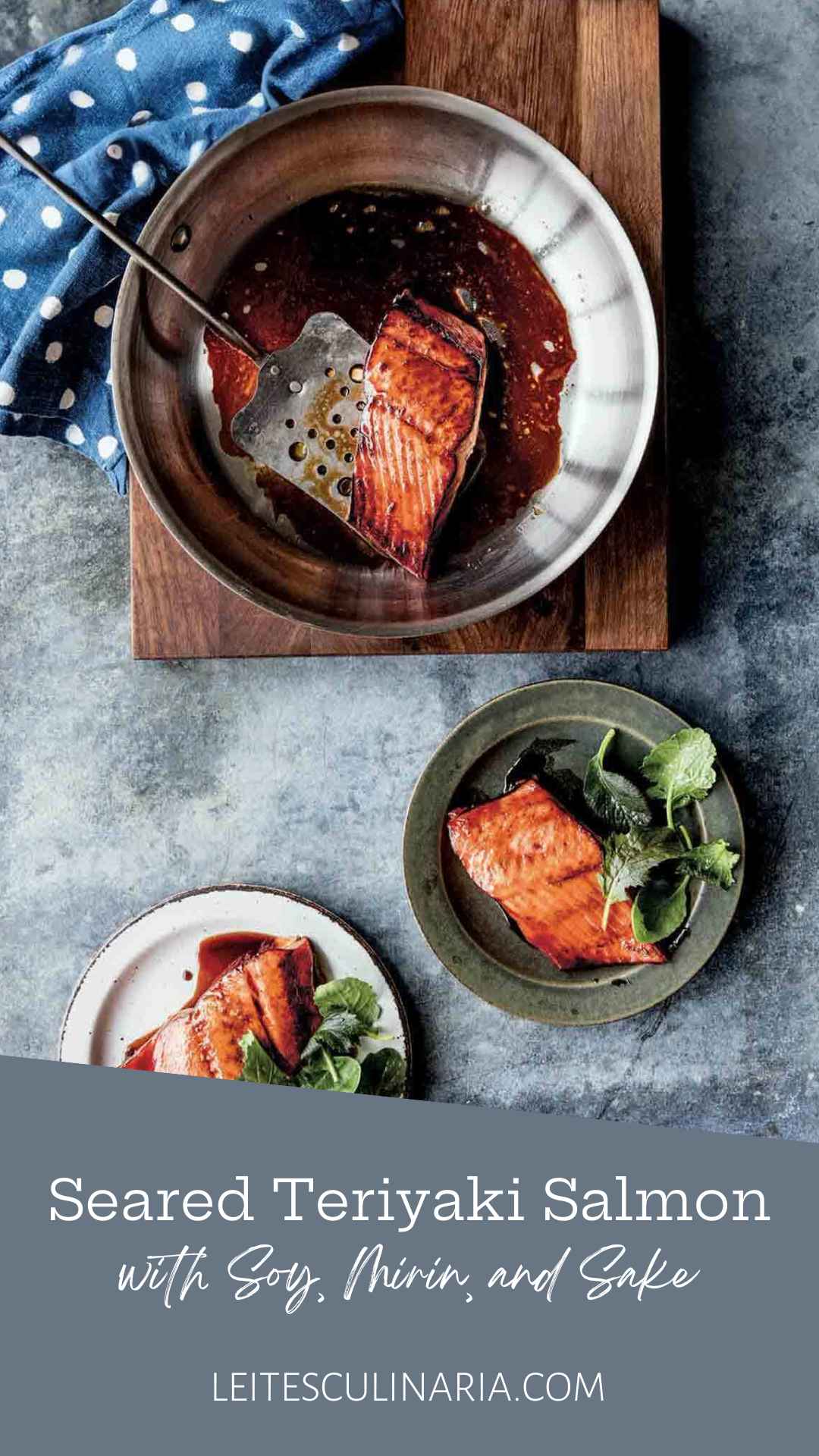 A piece of teriyaki salmon in a skillet, with two more pieces on plates nearby, along with mixed greens.