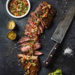 Sliced skirt steak topped with salsa with a bowl of salsa and charred lime halves on the side.