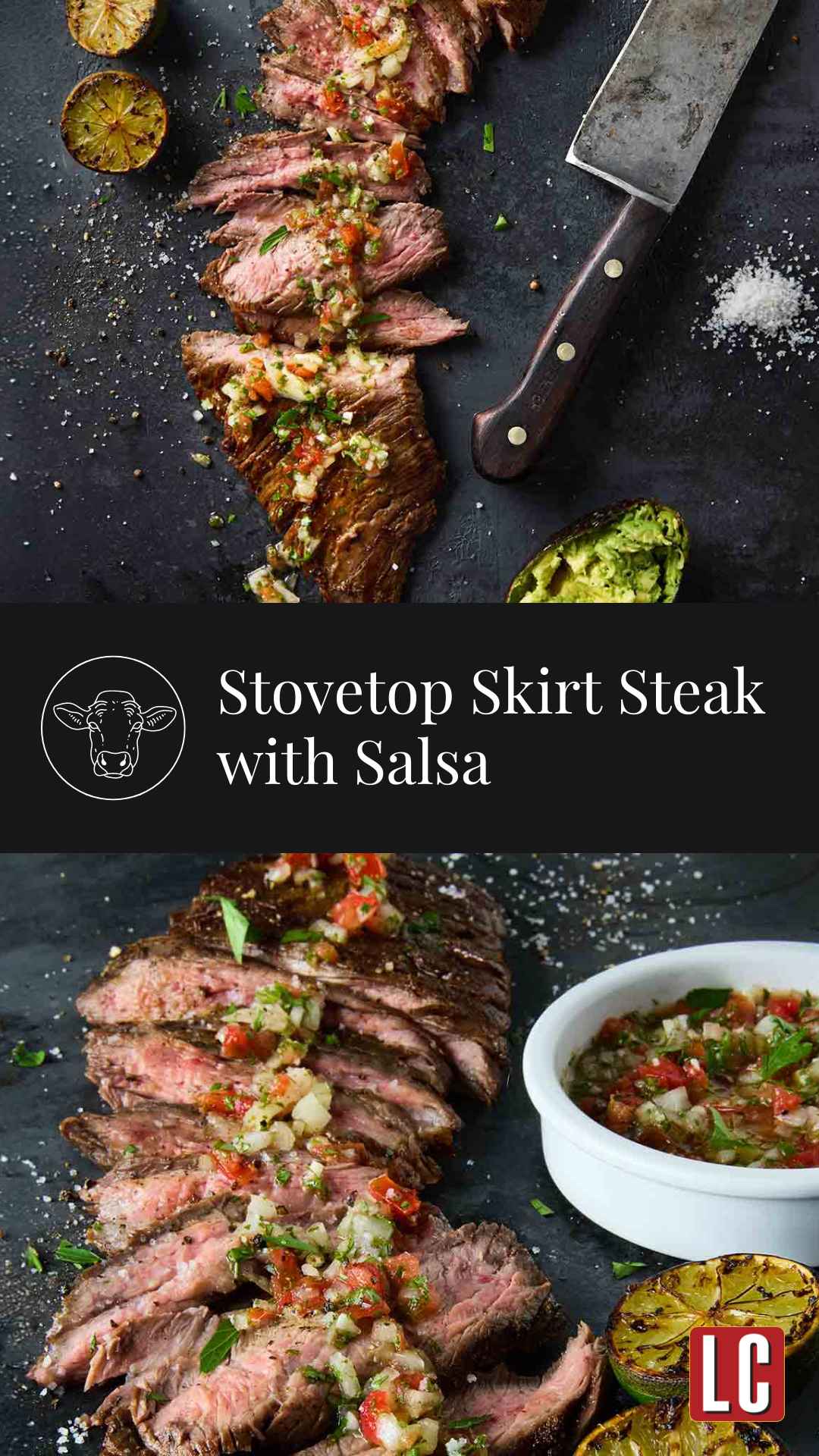 Sliced skirt steak topped with salsa with a bowl of salsa and charred lime halves on the side.