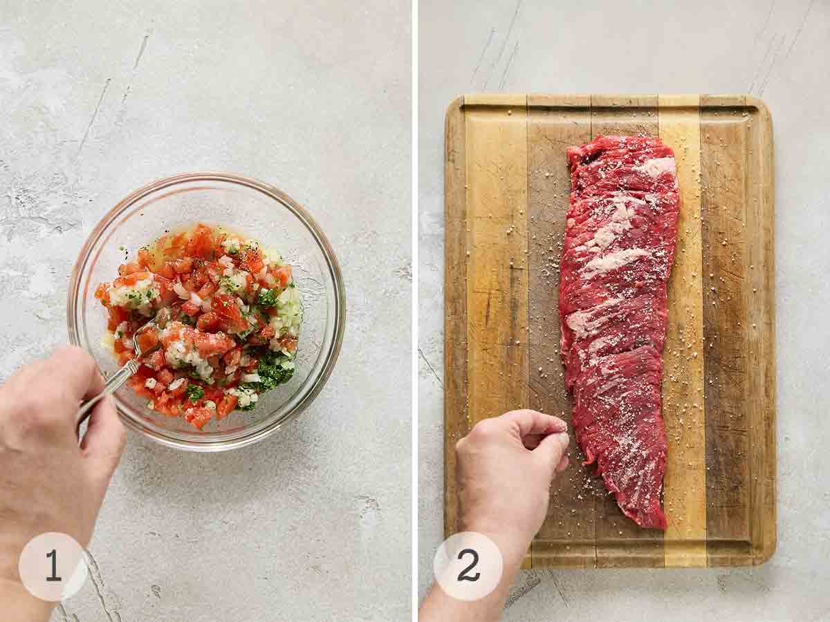 A person mixing salsa ingredients in a small bowl; a person seasoning a skirt steak with salt on a cutting board.