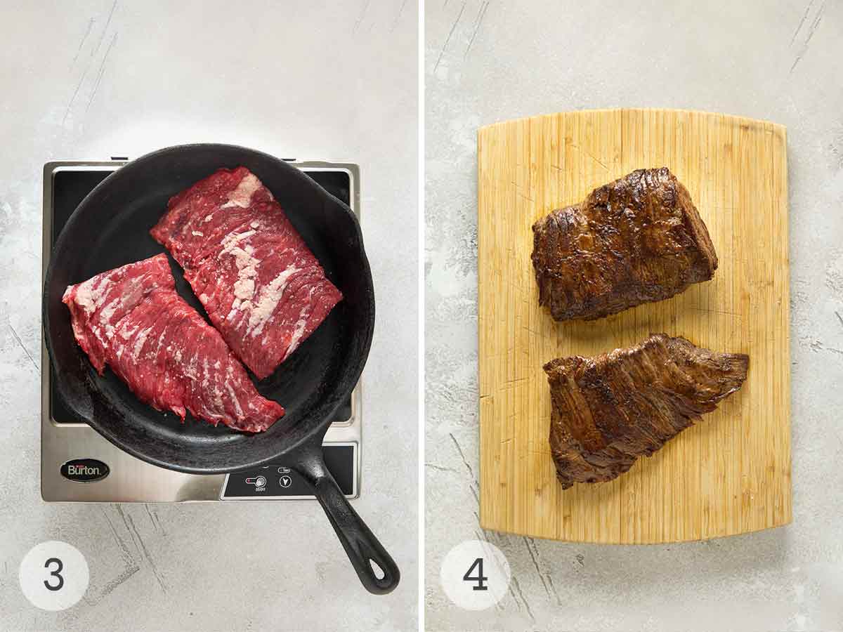 Two skirt steak halves in a cast iron pan; two seared skirt steak pieces on a cutting board.
