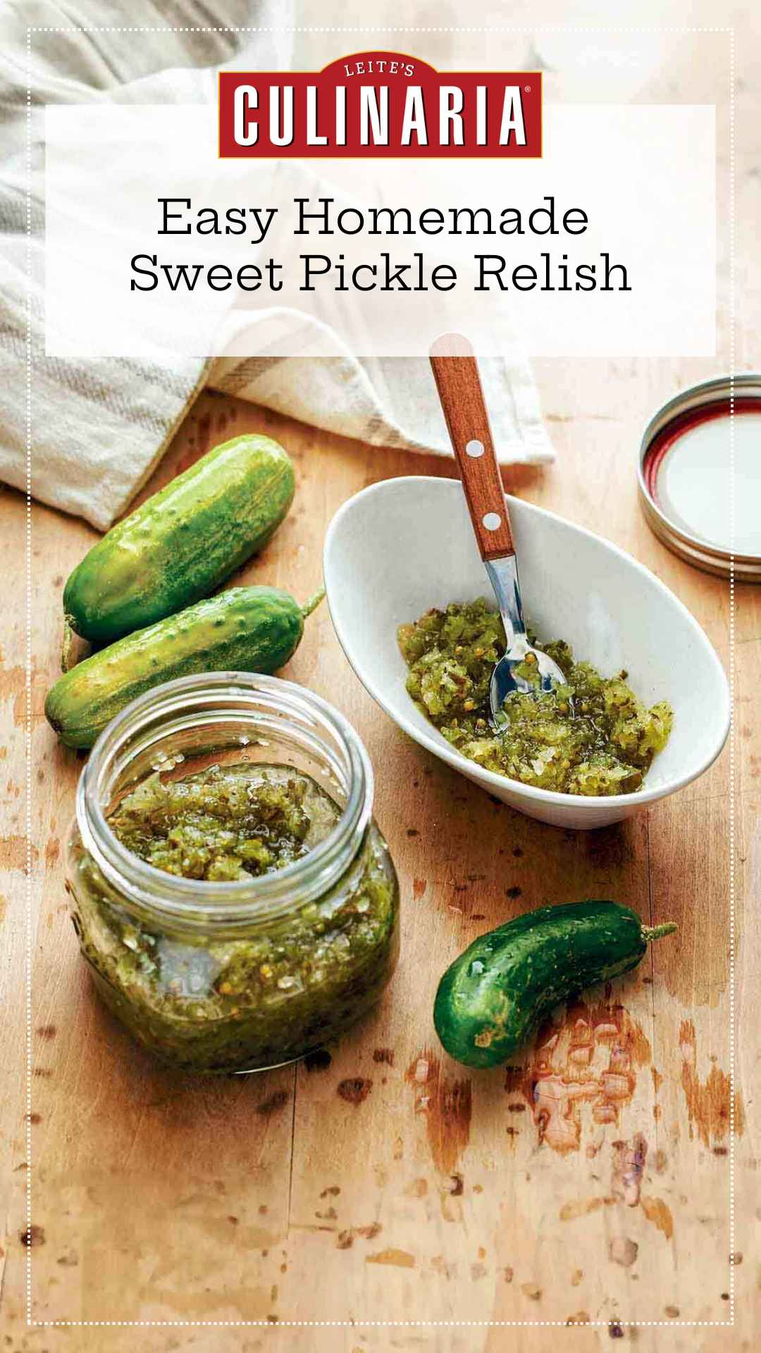 A small jar of sweet pickle relish with some more relish in a bowl nearby and some small pickling cucumbers next to the jar.