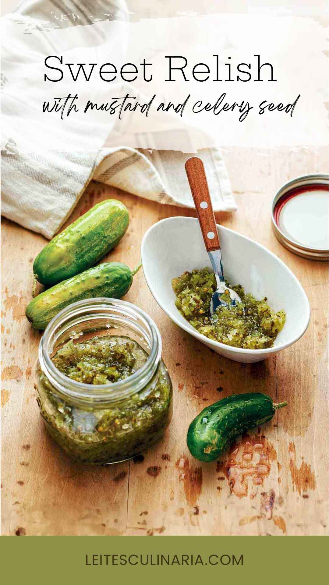 A small jar of sweet pickle relish with some more relish in a bowl nearby and some small pickling cucumbers next to the jar.