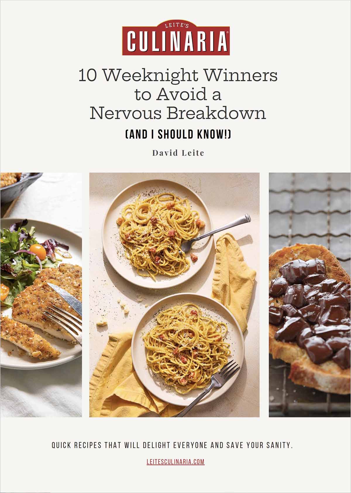 The cover of a free ebook from Leite's Culinaria that includes 12 recipes that are easy and quick to make.