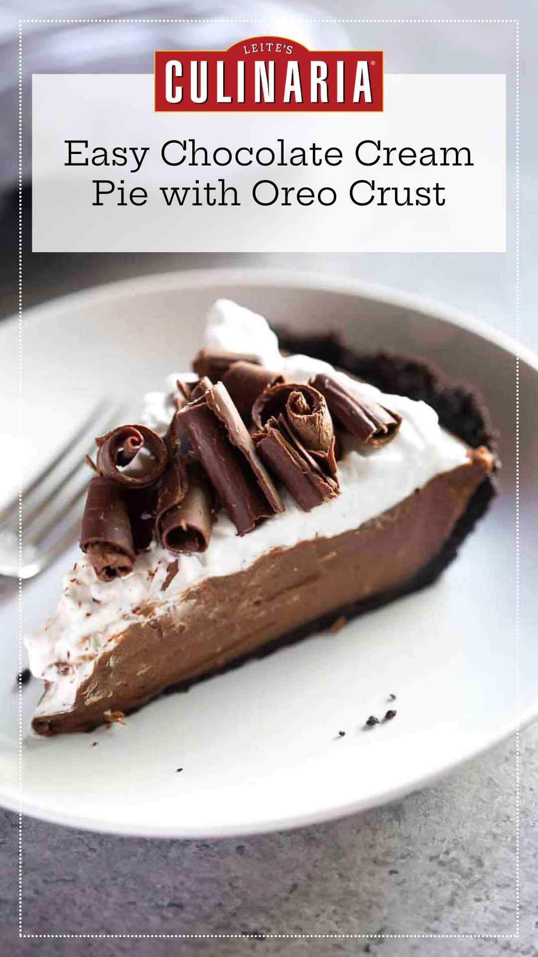 A slice of chocolate cream pie with Oreo crust topped with chocolate curls on a white plate.