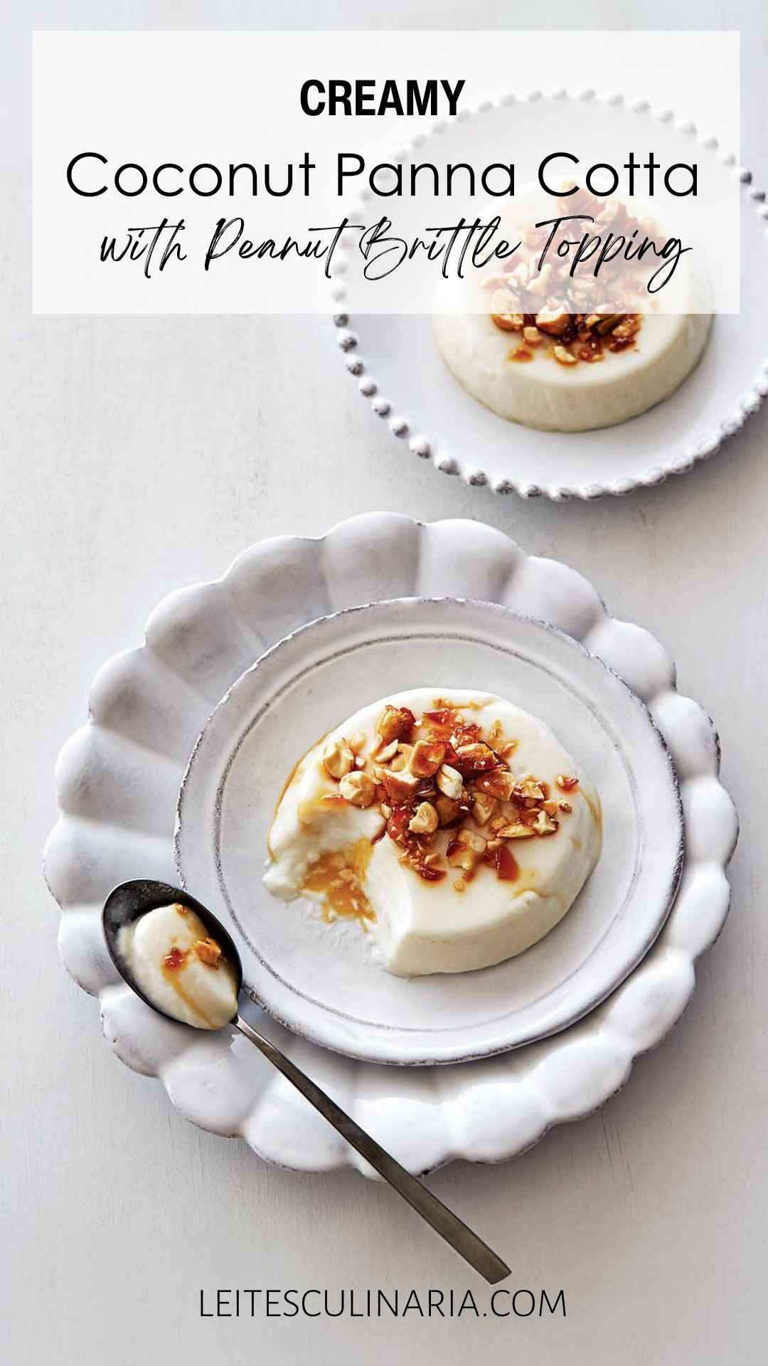 Two servings of coconut panna cotta topped with peanut brittle on decorative white plates.