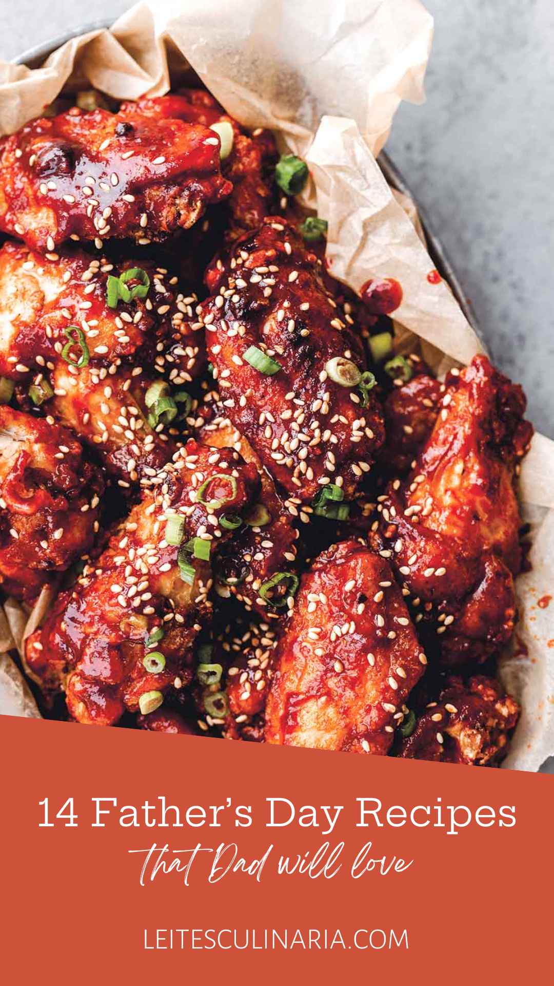 A basket of saucy chicken wings topped with sesame seeds and sliced scallions.