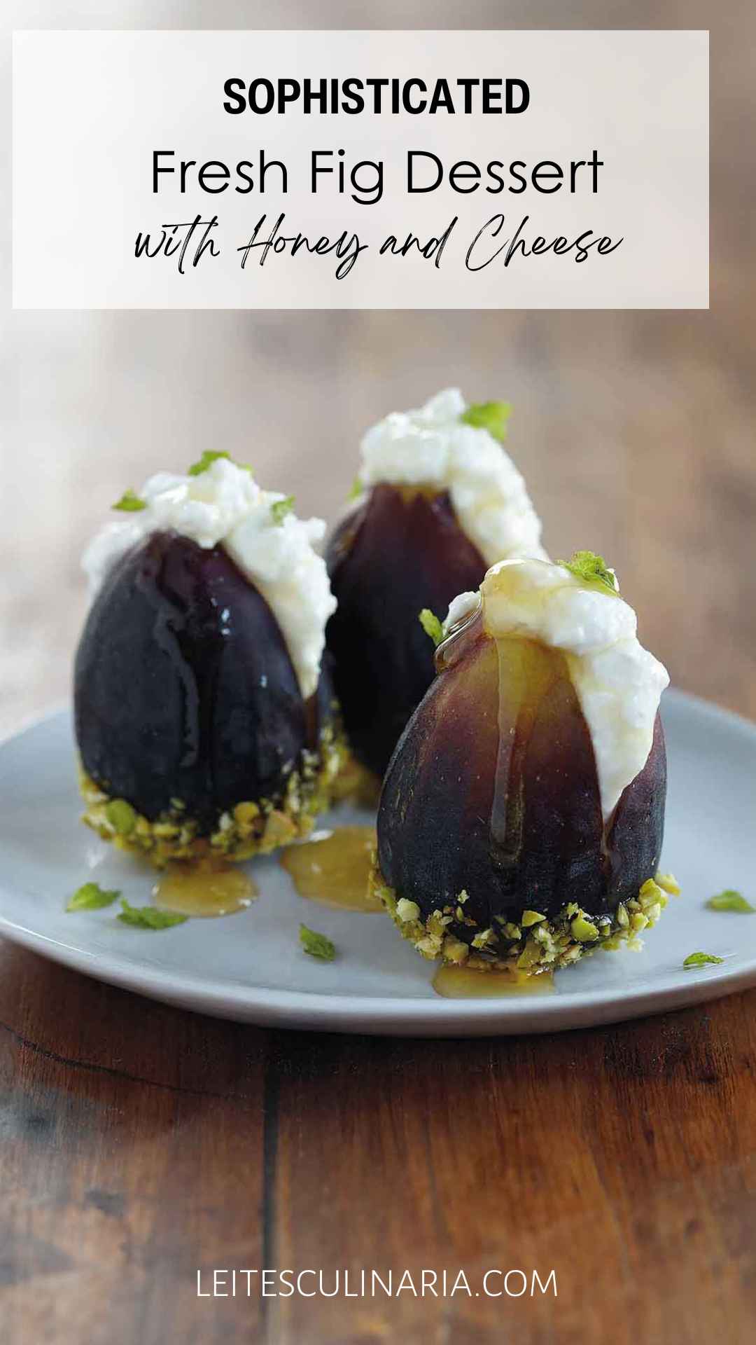 Three figs filled with ricotta cheese and topped with honey on a plate.