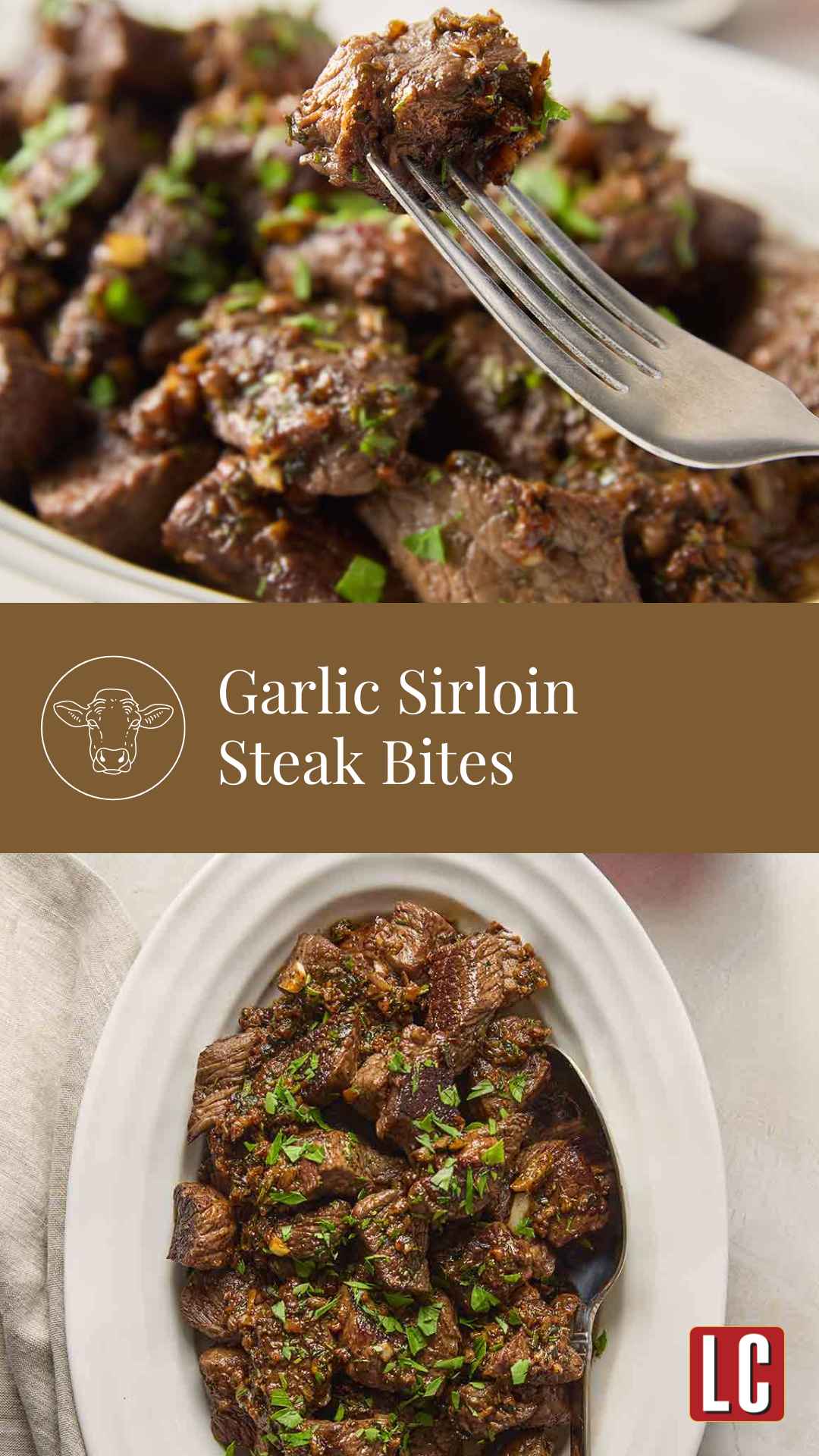A fork holding a single garlic butter steak bite with a platter of steak bites nearby and an oval platter filled with steak bites.