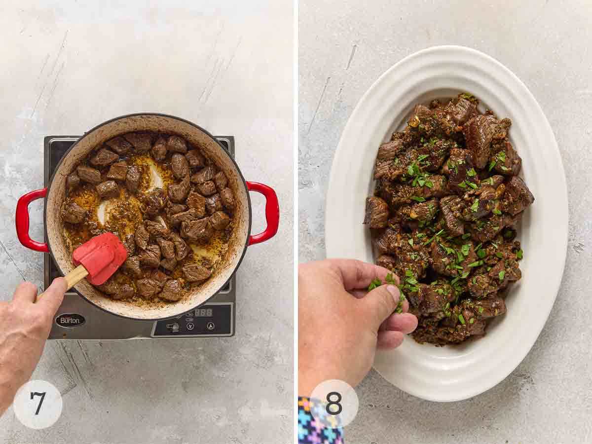 A person stirring beef cubes in a cast iron dish; a person sprinkling fresh parsley over steak bites on a platter.