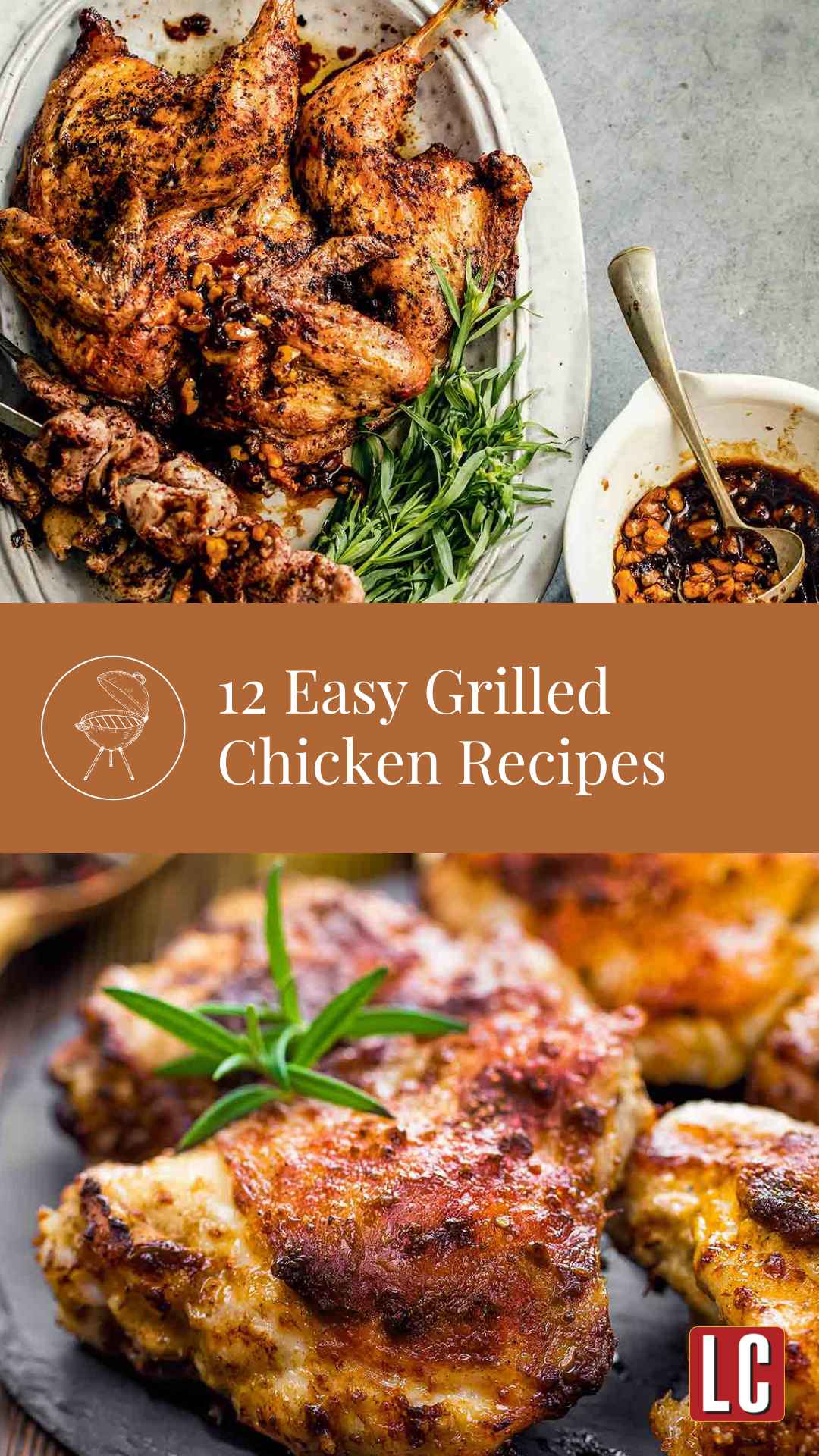 A whole grilled chicken and three grilled chicken skewers on a platter with fresh tarragon and a few grilled chicken thighs with rosemary.
