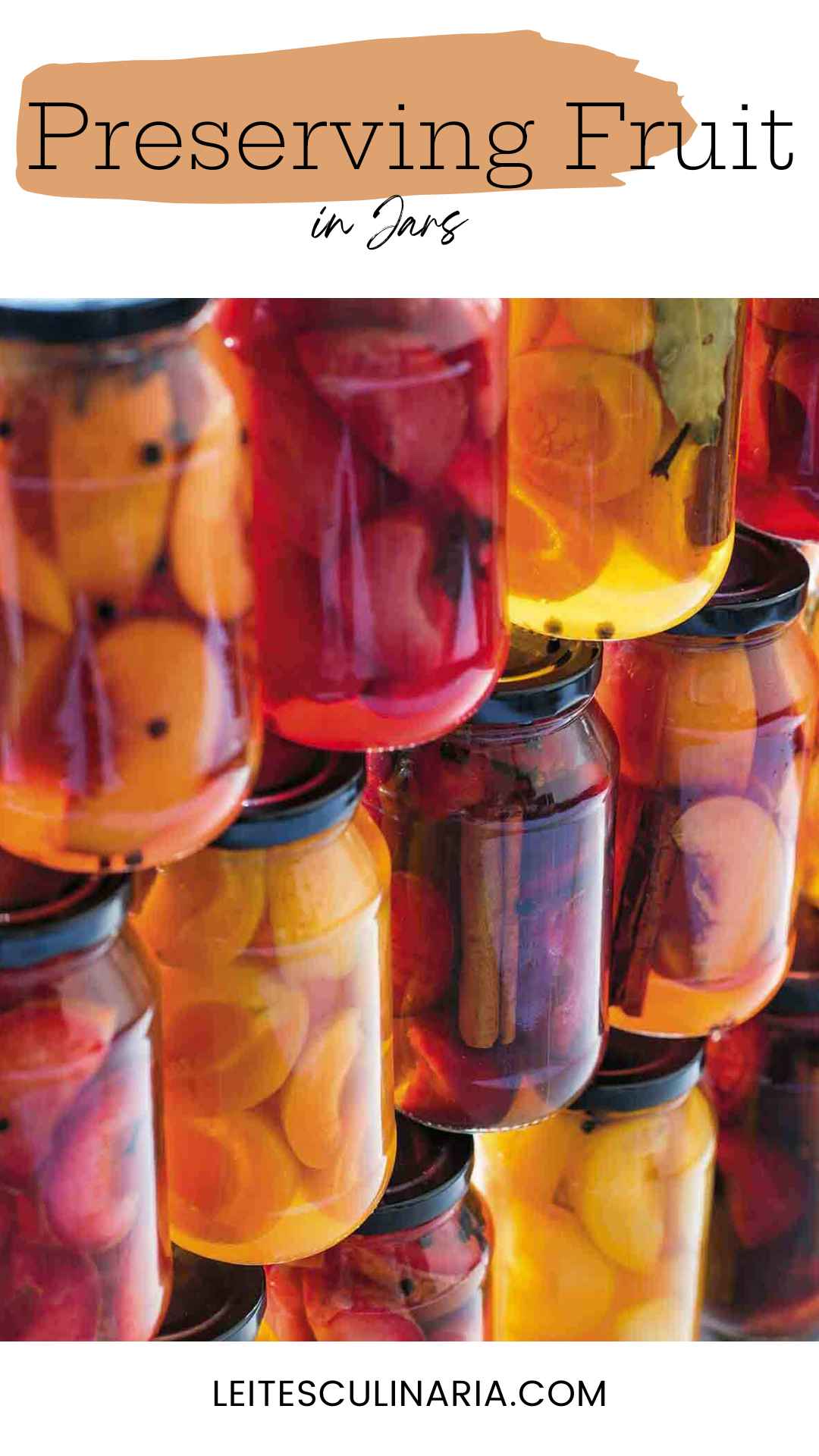 Stacked jars of preserved stone fruits.