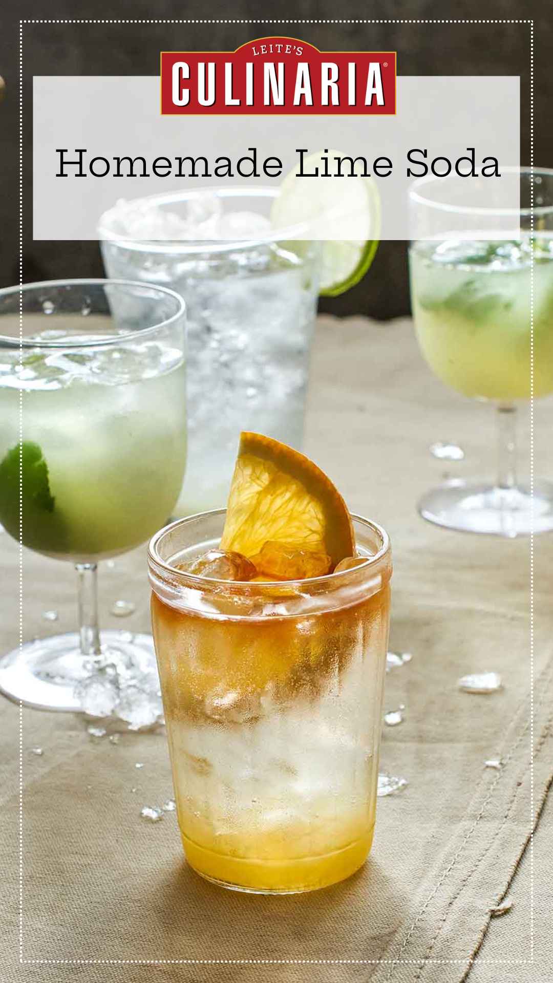 Four glasses of soda water flavored with lime or orange.