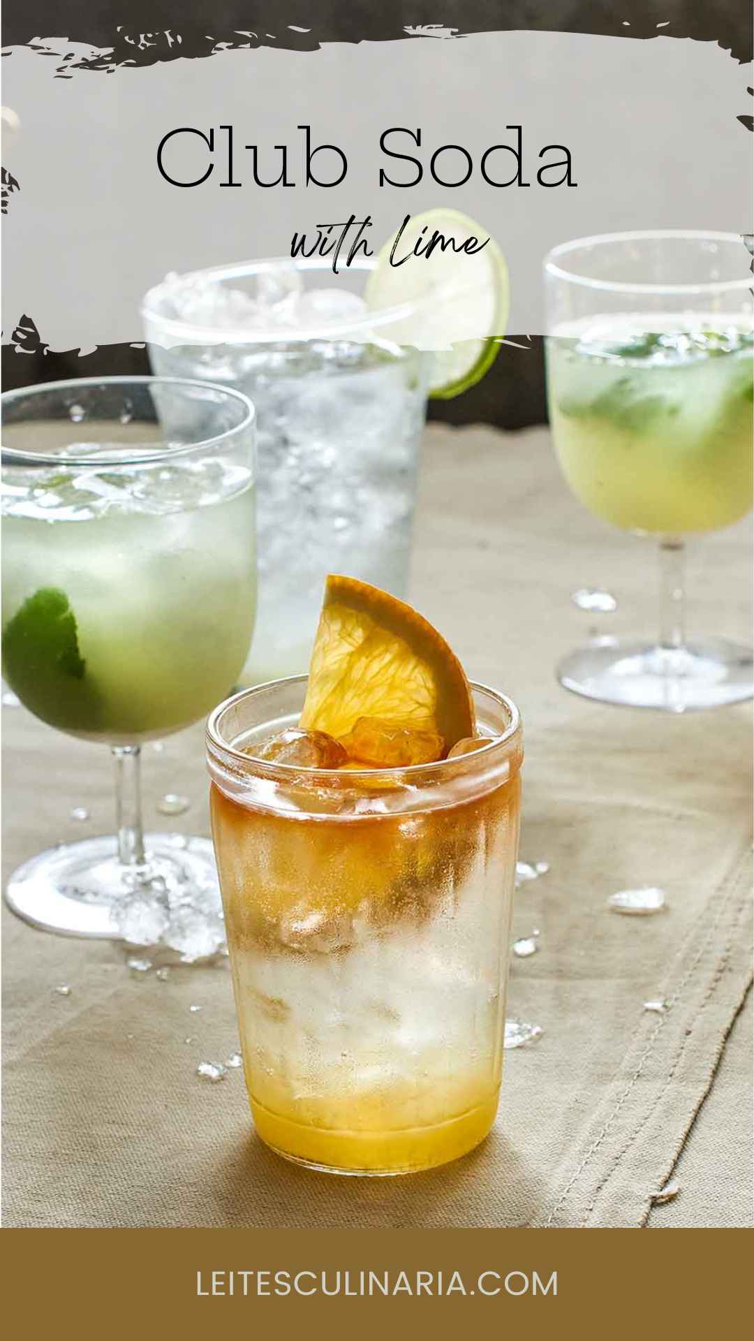 Four glasses of soda water flavored with lime or orange.