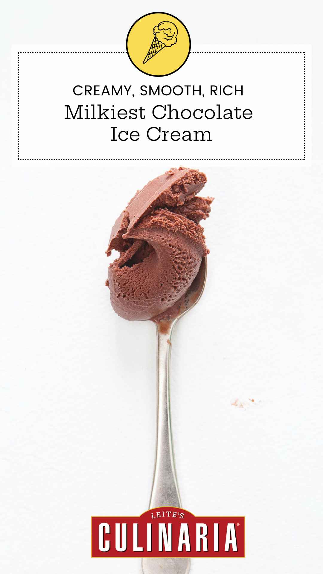 A scoop of chocolate ice cream on a silver spoon.