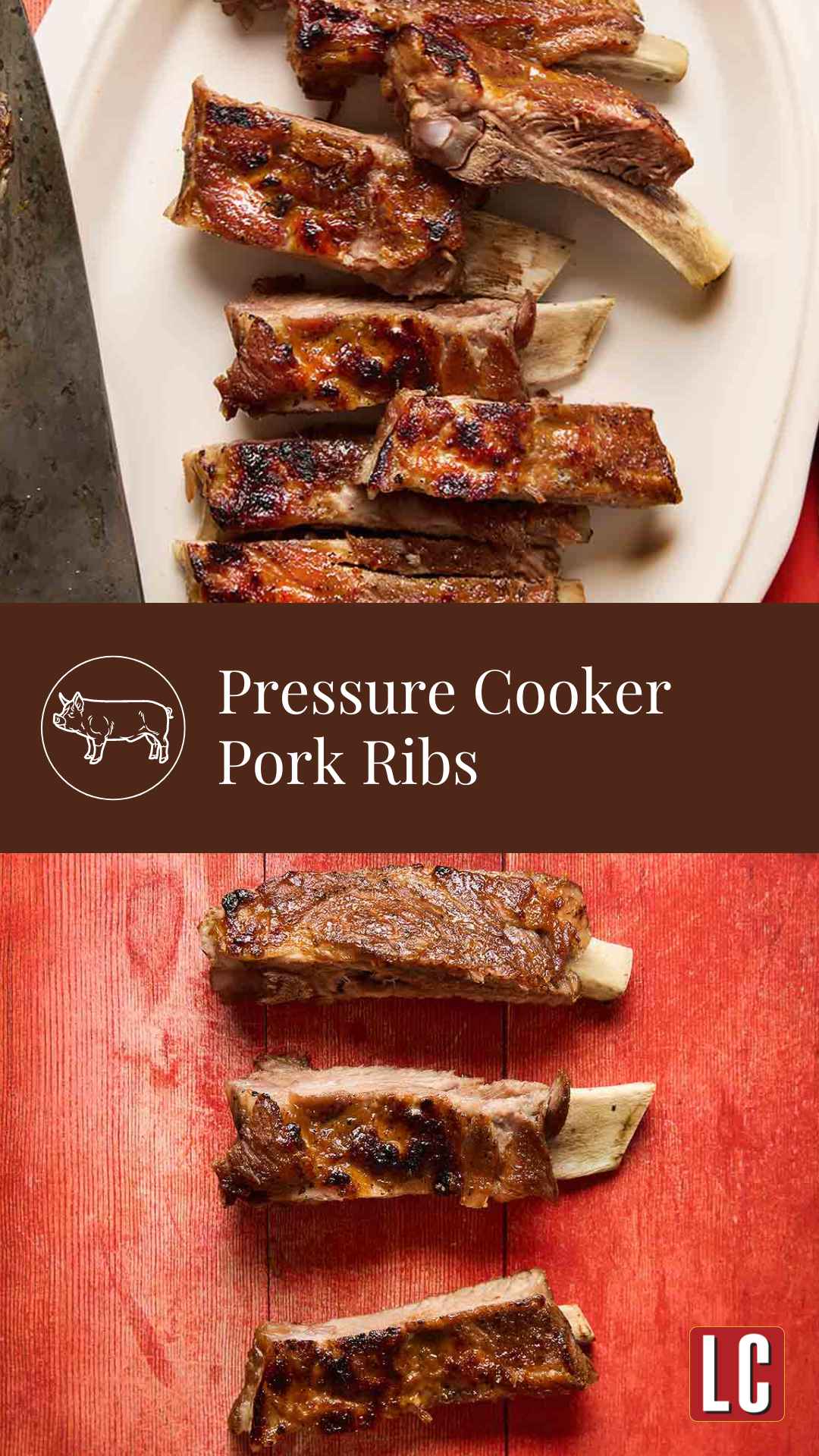 A platter of pressure cooker ribs cut into individual ribs, with a carving knife on the side and three individual ribs on a red wooden board.