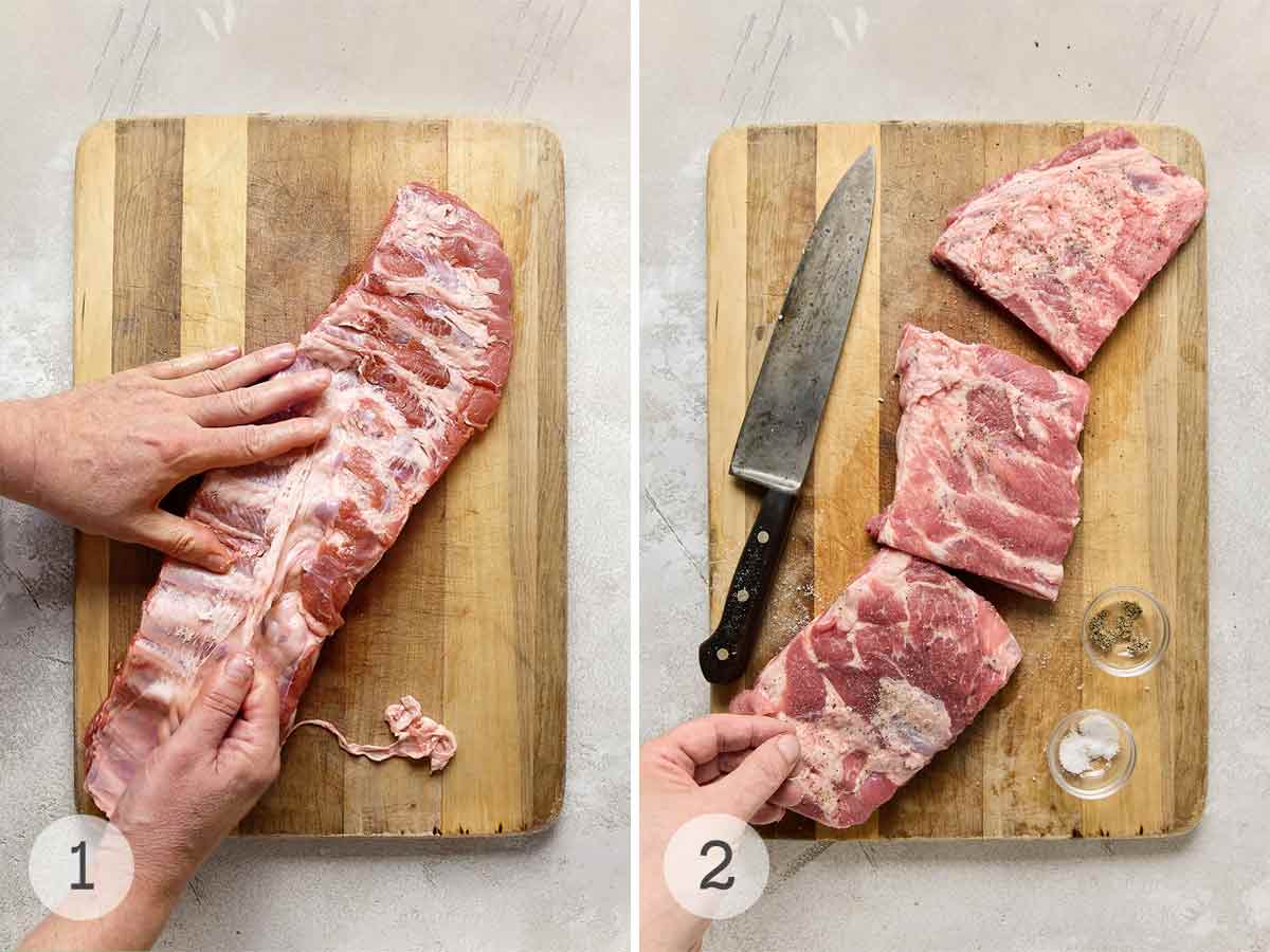 A person removing the membrane from a rack of ribs; a rack of ribs cut into three slabs being seasoned with salt and pepper.