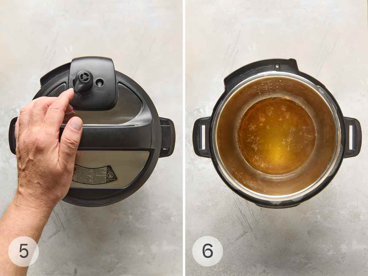 A person setting an Instant Pot to cook; liquid in the bottom of an Instant Pot.