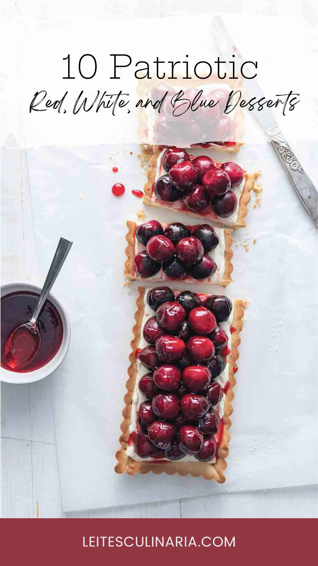 A fresh cherry tart cut into several pieces with a dish of cherry glaze on the side.